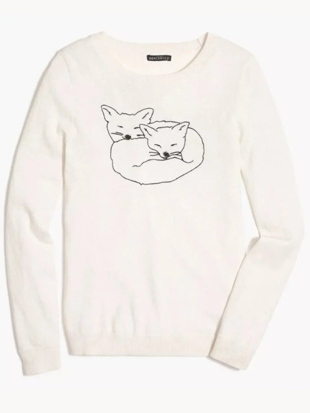 J. Crew Mercantile Cream Sweater with Cuddling Fox Embroidery Size XS